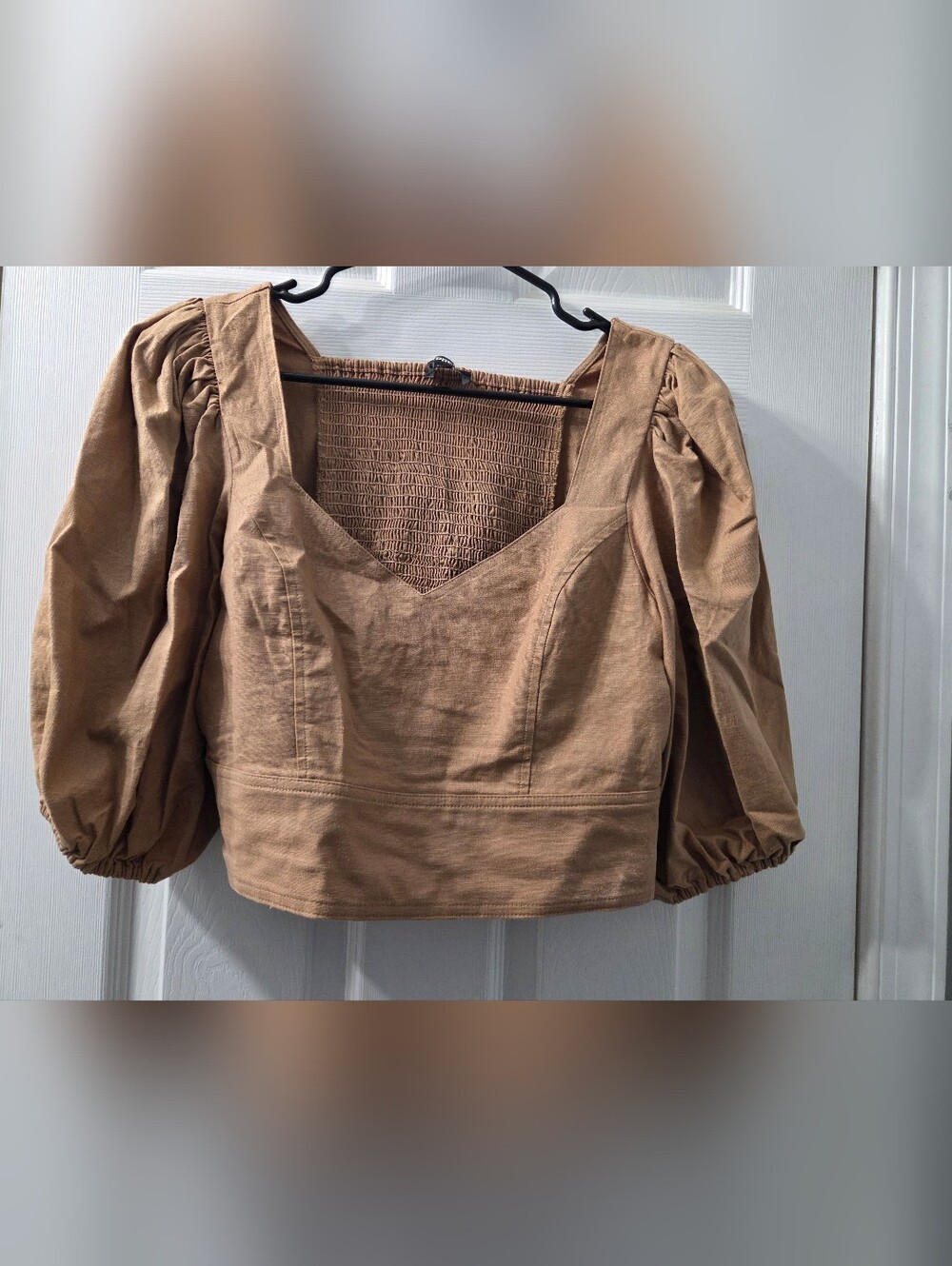 Express Tan Square Neck Puff Sleeve Cropped Blouse